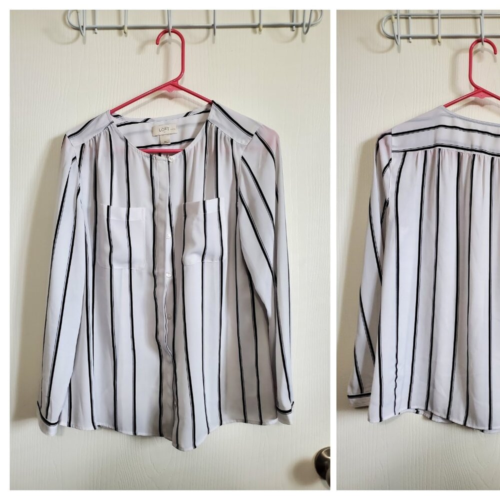 LOFT  *petite* light gray black stripe button up blouse